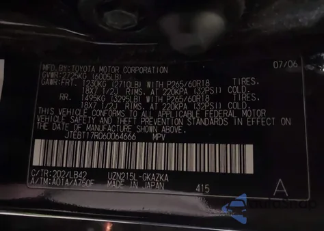 2006 Toyota 4Runner Limited V8 из США, поврежденный, VIN JTEBT17R060064666